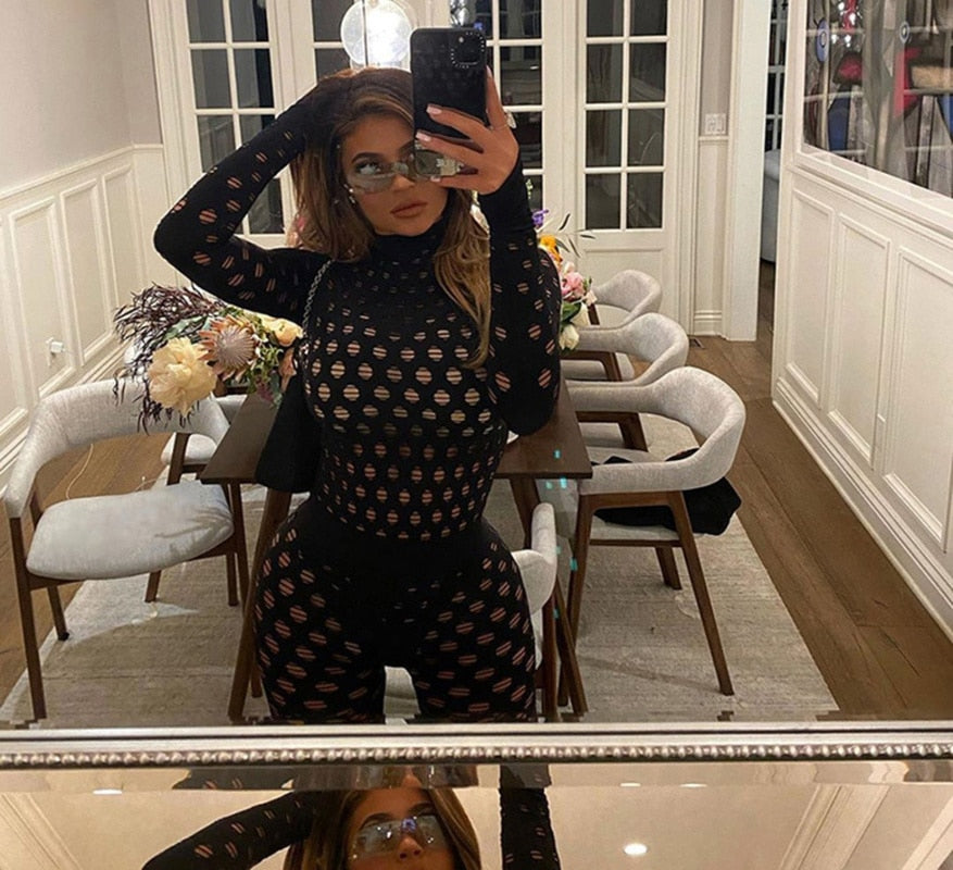 Sexy Hollow Out See Through Skinny Two-piece Set 2023 Women Fashion Turtlenck Bodysuit Leggings Suits Active High Street Outfit