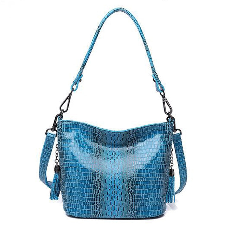 Real Leather Luxury Handbags Women Shiny Embossed Coating Bucket Shoulder Bags Fashion New