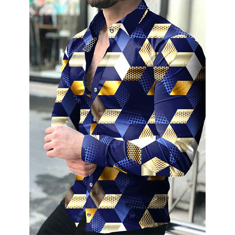 Luxury Social Men Shirts Turn-down Collar Buttoned Shirt Casual Lattice Print Long Sleeve Tops Men&#39;s Clothes Club Prom Cardigan