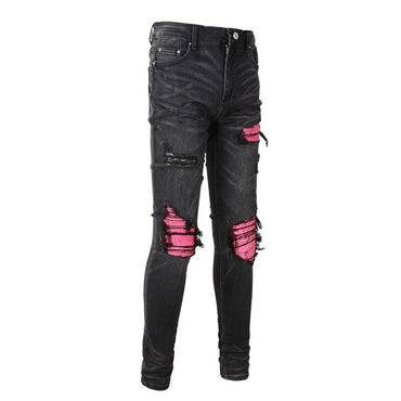 Men Cracked Leather Patch Biker Jeans Streetwear Pleated Patchwork Holes Ripped Stretch Denim Pants Skinny Tapered Trousers