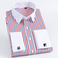 Men's Classic French Cuff Long Sleeve Stripe Dress Shirt Without Pocket Formal Business Standard-fit Wedding Party Social Shirts