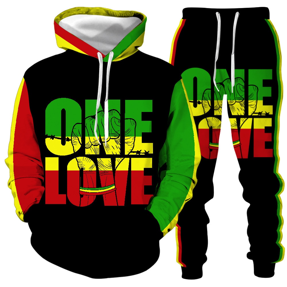 Bob Marley Men&#39;s Sets One Love Rasta Hoodie and Joggers Activewear Sets