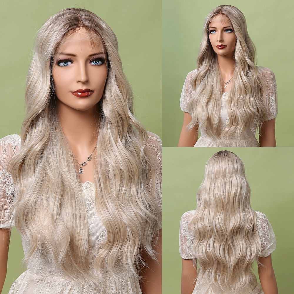 LOUIS FERRE Long Brown Lace Frontal Synthetic Wigs Dark Brown Body Wavy Highlight Wig Natural Hairline Daily Heat Resistant Hair