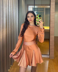 New York Fashion Women Sexy Romantic Long Sleeve Bandage Pleated Silky Short Dress