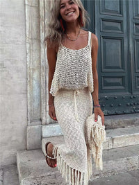 2023 Sexy Camisole Blouse Tassel Beach Long Skirt Two-piece Set