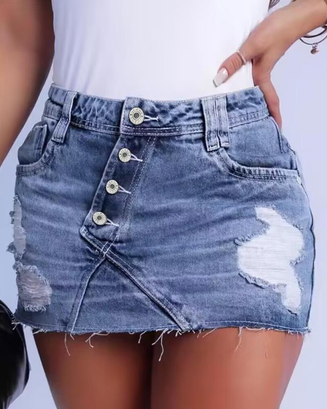 Fashion Casual Women's Skirt 2023 Spring and Summer Street Y2K Button Sexy Fly Ripped Women's Mini Denim Skirt