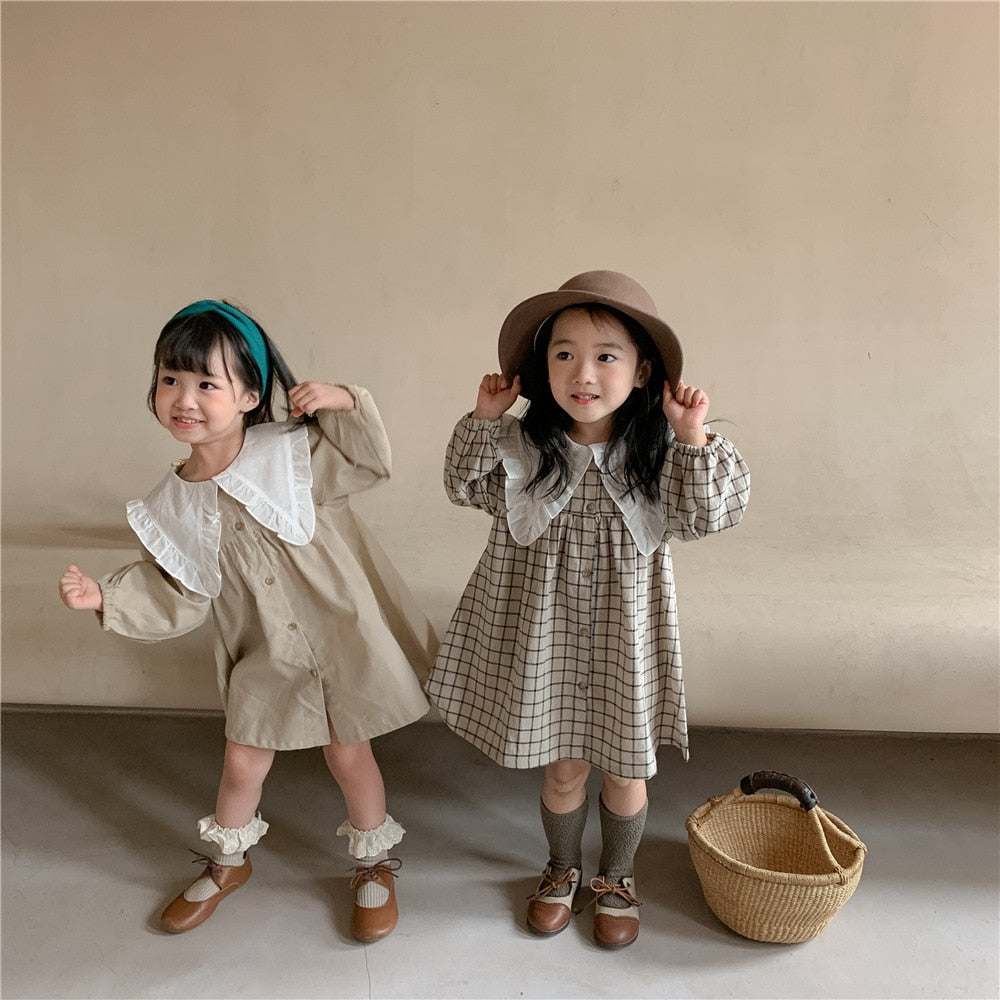 Baby Girls Dress Casual Plaid Clothes Summer 2022 New Korean Cotton Linen Girls Princess Dress