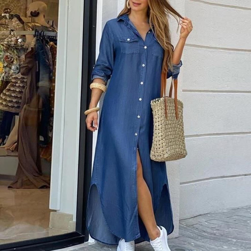 Sexy Long Dress Long Sleeve Shirt Women's Denim Long Dress Pocket Button Shirt