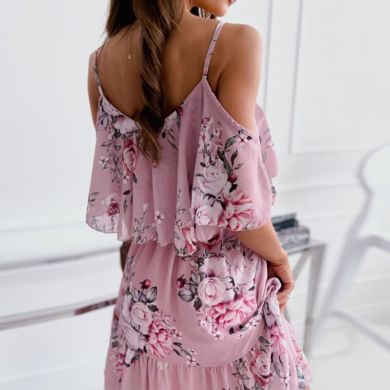 Sexy 2022 Summer Woman Sexy Spaghetti Strap Off Shoulder Floral Print Elegant Dress