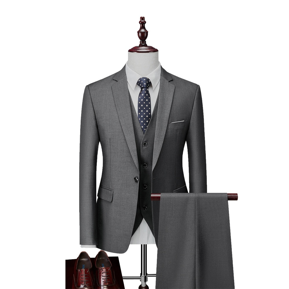 Luxury 3 Piece Men's Wedding Suit Fashion Men's Slim Solid Color Business Office Suit Sets Large Size Men Blazer+ Pants + Vest