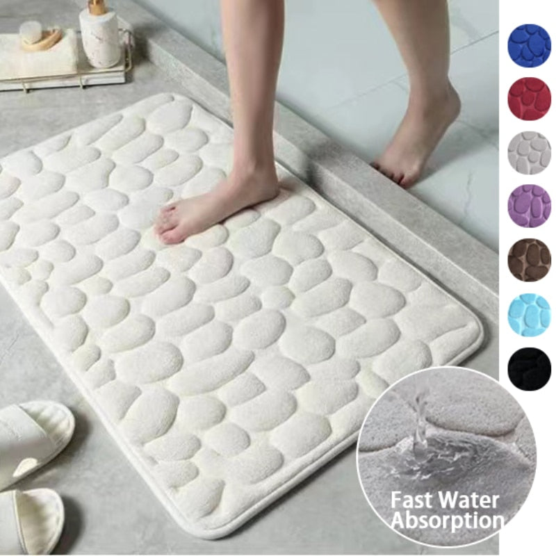 Bathroom Bath Mat 3D Cobblestone Embossed Non Slip Mat Floor Rug Water Absorbent Doormat Memory Foam Cobblestone Foot Mat