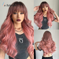 La Sylphide Synthetic Hair Wigs Cosplay Wig Long Wave Root Black Ombre Pink for Woman Heat Resistant Fiber Daily Party Wig