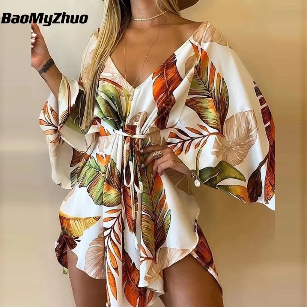 2023 New Summer Beach Elegant Dresses Women Sexy V Neck Lace-up Floral Print Mini Dress Casual Flared Sleeves Ladies Party Dress