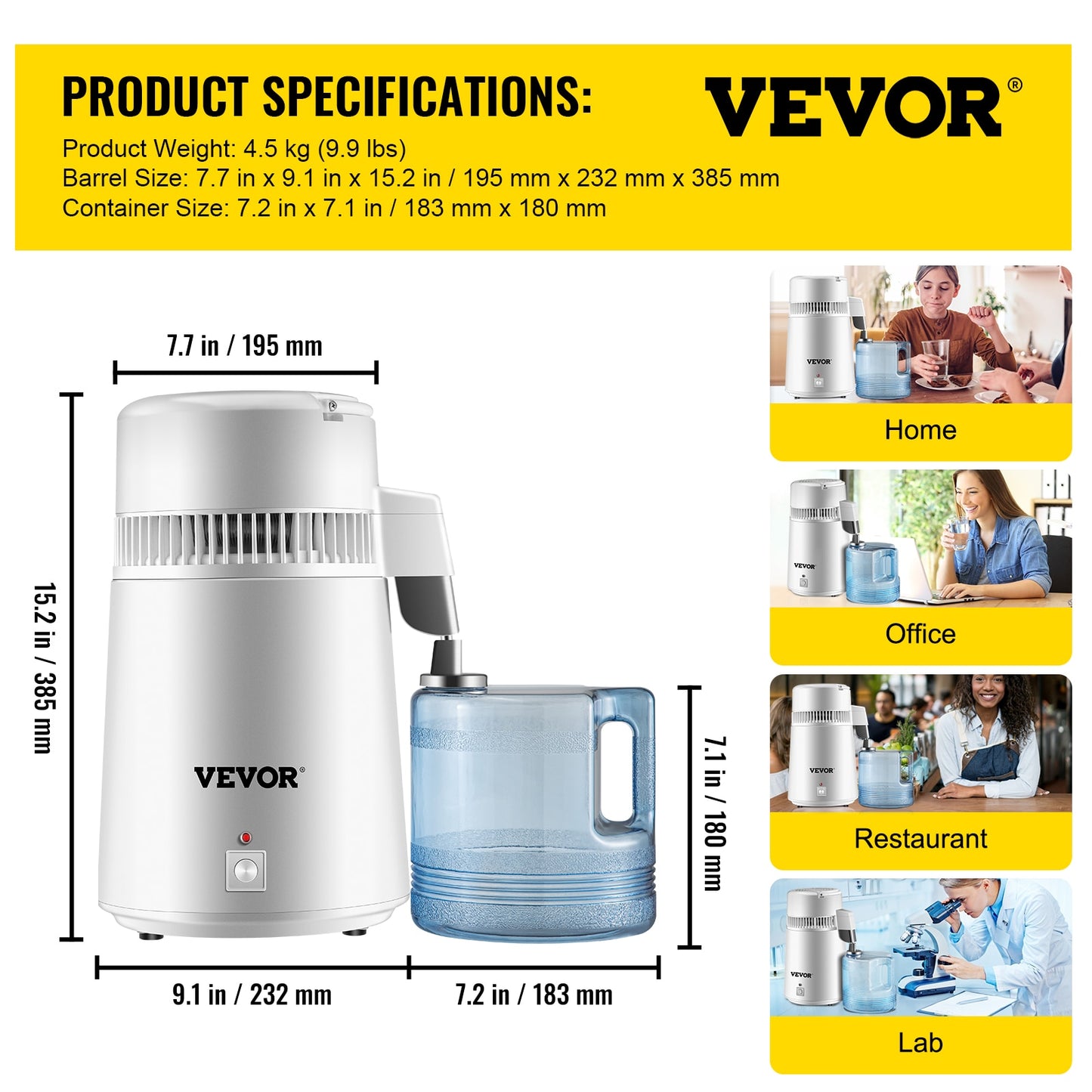 VEVOR 4L Water Distiller Purifier Filter Dispenser Heating Drinking Bottle Softener 304 Stainless Steel Home Appliance for Offic