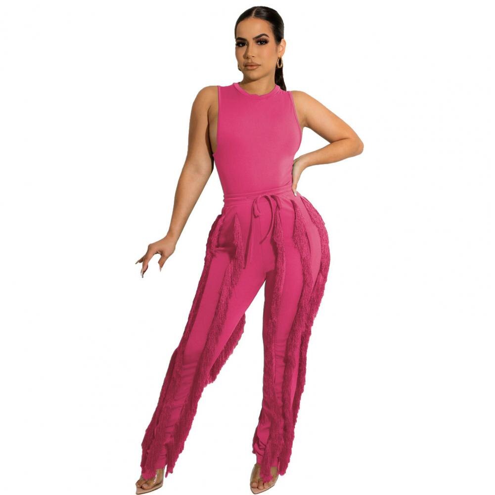 2 Pieces Women's Tracksuit Tank Top Tassel Side Straight Pants