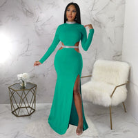 Female Autumn Winter Long Maxi Dress Cutout Waist High Side Split Long Sleeve Dresses Vestidos Sexy Elegant Party Clubwear