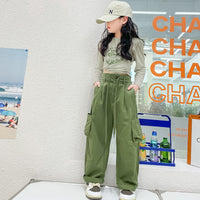 Spring And Autumn New Girl's Retro Army Green Cargo Pants High Waist Showing Thin Loose Sports Casual Wide Leg Trousers 6-14 Y