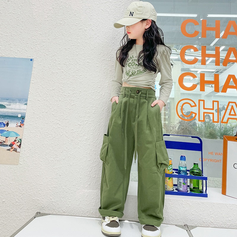 Spring And Autumn New Girl's Retro Army Green Cargo Pants High Waist Showing Thin Loose Sports Casual Wide Leg Trousers 6-14 Y