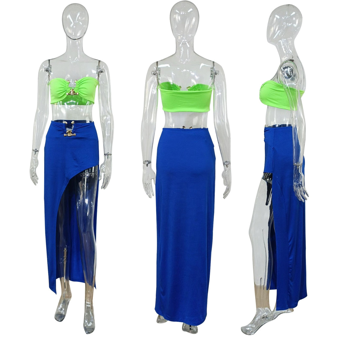 Sexy Women Skirt Suit Summer Two Piece Set Solid Strapless Sleeveless Tank Top High Slit Maxi Skirt