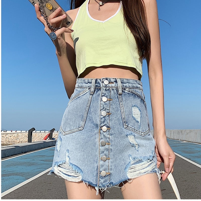 Chic Button Denim Skirt Shorts Women Summer 2023 Fashion Fake Two Pieces High Waist Jean Skirts Casual A-line Mini Skirt Y2k