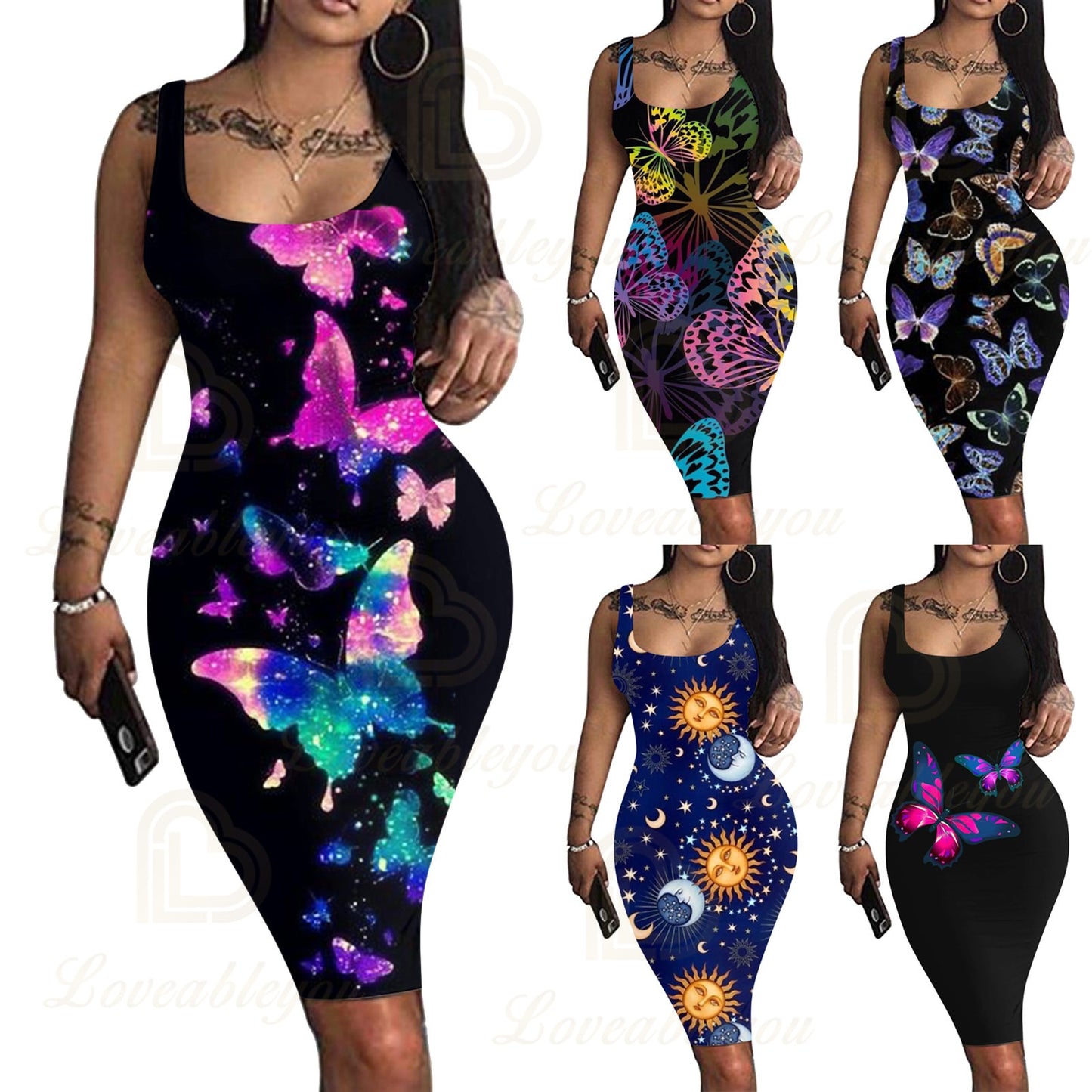 2022 Summer Star Butterfly 3D Print Sleeveless Tank Top Dress Nightclub Girls Women Sexy Clothes