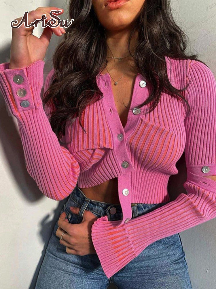 Artsu Cute Pink Kinited Cropped Top Women Y2k Ruched Crop Top Long Sleeve Camisole Top Winter Party Club Vintage