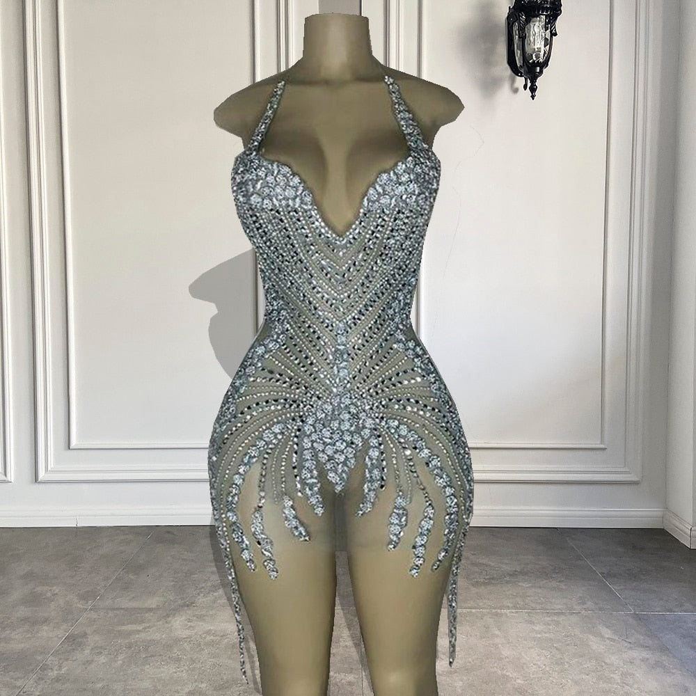 See Through Short Prom Dresses Luxury Beaded Crystals Silver African Women Cocktail Gown For Party