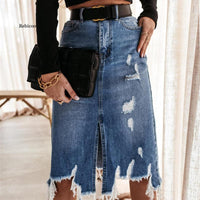 Summer Sexy Asymmetric Denim Skirt Women High Waist Slit Ripped Beggar Midi Skirts Casual Slim Worn Tassel Blue Jeans Skirt