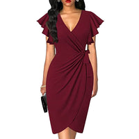 OTEN Women's Deep V-neck ruffle sleeve pleated irregular dress casual summer cocktail party work belt wrap hip dress