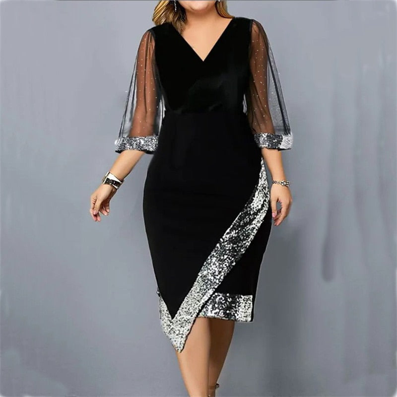 Women's Dress Sequin Mesh Long Sleeve Asymmetrical Hem Formal Occasion Dress Elegant Slim Fit V-Neck Luxury Summer Skinny 2023