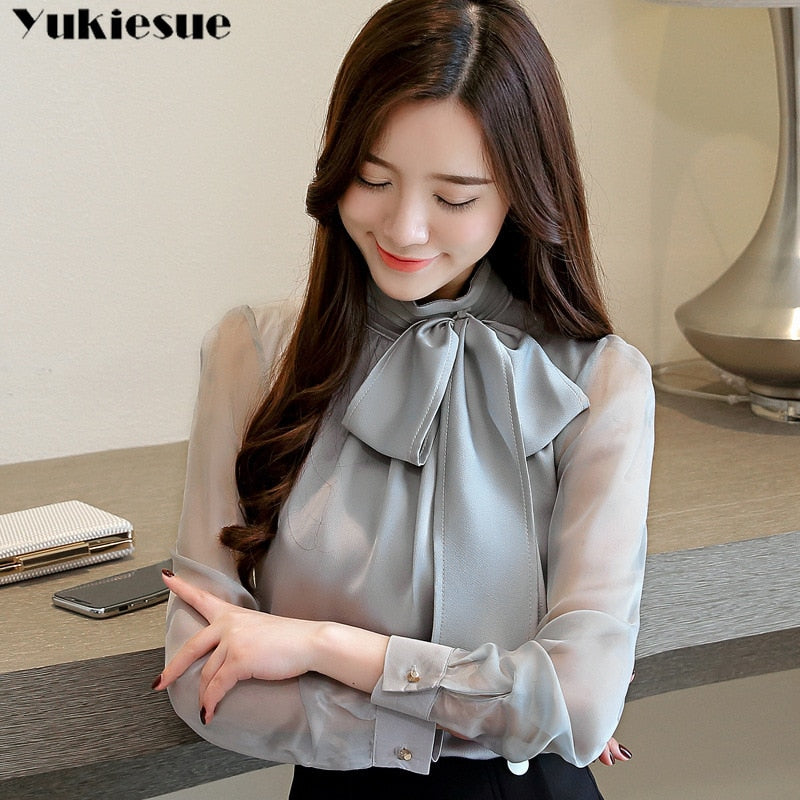 Autmun long sleeve shirt women fashion womens tops and blouses 2022 solid bow stand collar office blouses women blusas clothes