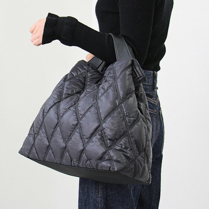 Down Nylon Padded Big Tote Bags Women's Rhombus Lattice Large-capacity Handbags Solid Shoulder Crossbody Bag Ladies Winter Bags