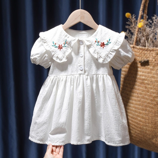 Spring Summer Girls Clothing Cute Children Dresses Kids Baby Girl Plaid Cotton Linen Lapel Collar Dress Long Sleeve Skirt
