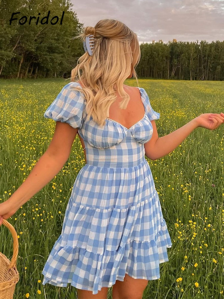 Foridol Lace Up Backless Gingham Chiffon Summer Dress Vintage A-line Puff Sleeve Plaid Short Dress Chic Blue Holiday Dress 2023