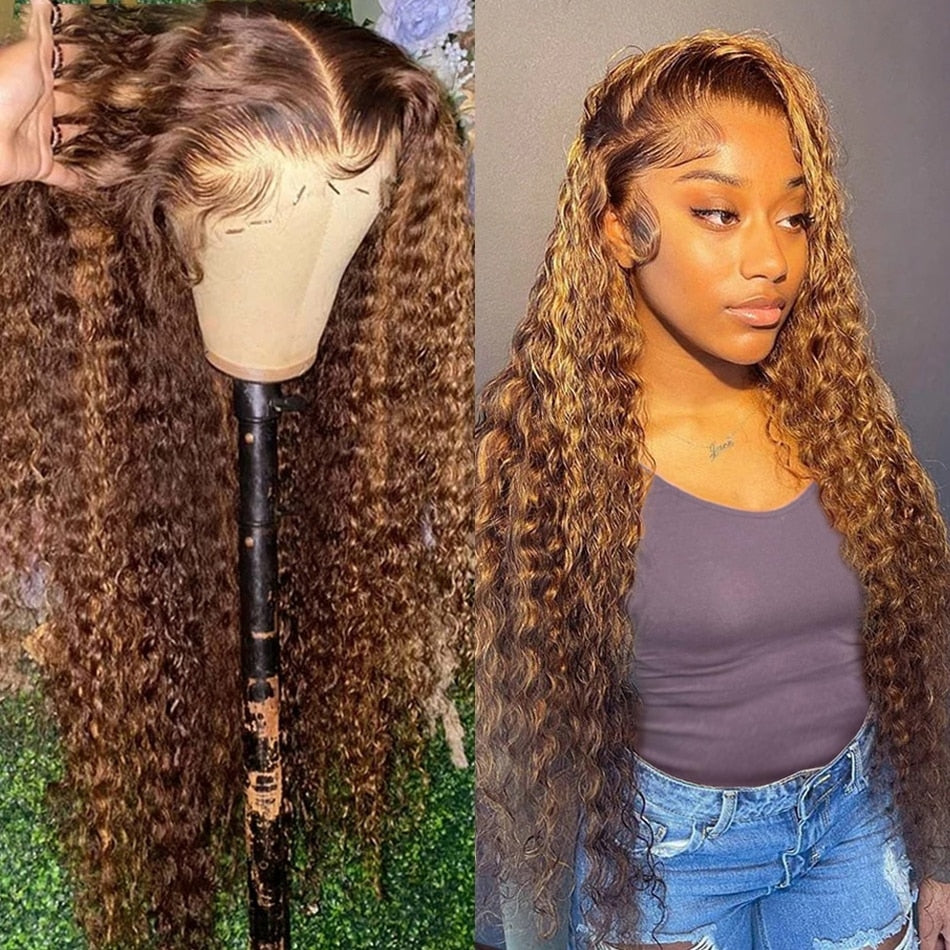 Highlight Honey Brown Curly HD Lace Front Human Hair Wigs 13x6 13x4 Remy Ombre Colored Deep Wave Lace Frontal Wig For Women