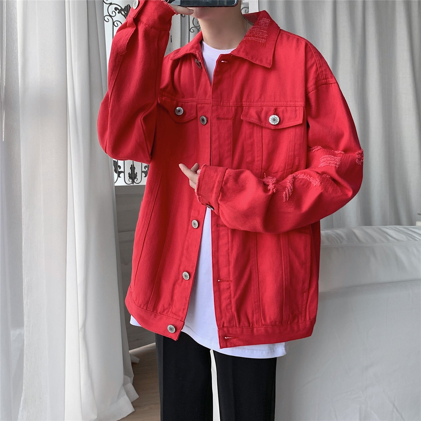 Spring Autumn New Men&#39;s Jean Jacket Slim Fit Cotton Denim Jacket Red White Black Ripped Hole Jean Coats Men Outwear Plus size