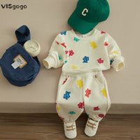 VISgogo Baby Boys Girls Clothes Spring Fall Set Cute Bear Print Long Sleeve Sweatshirt with Elastic Waist Sweatpants 2PCS