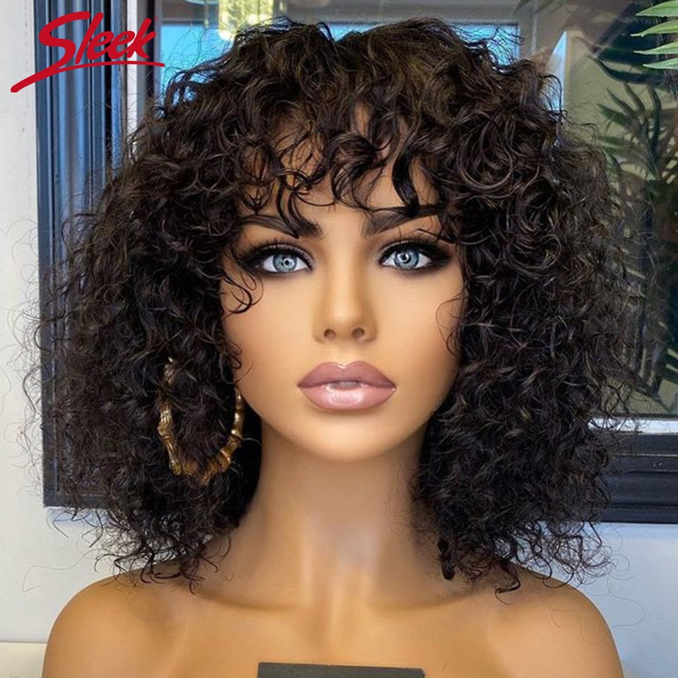 Short Pixie Bob Cut Human Hair Wigs With Bangs Jerry Curly Glueless Wig Highlight Honey Water Wave Blonde Colored Wigs For Women