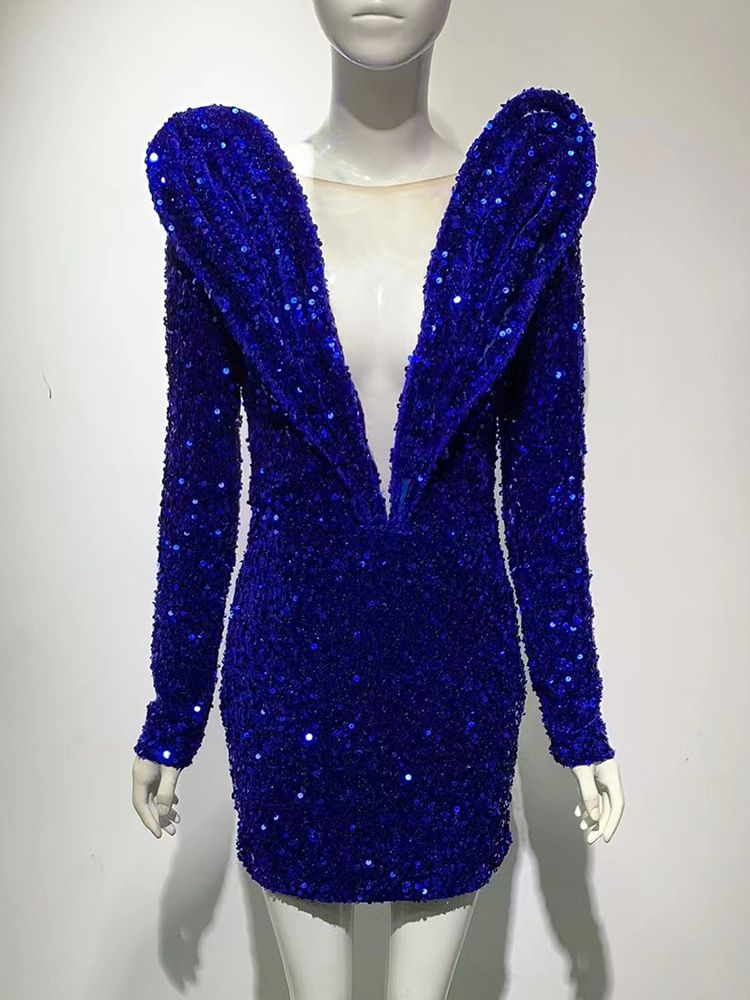 2022 Sexy Fashion High Quality Women&#39;s Blue Sequins Luxury Sexy V-neck Long Sleeve Dress