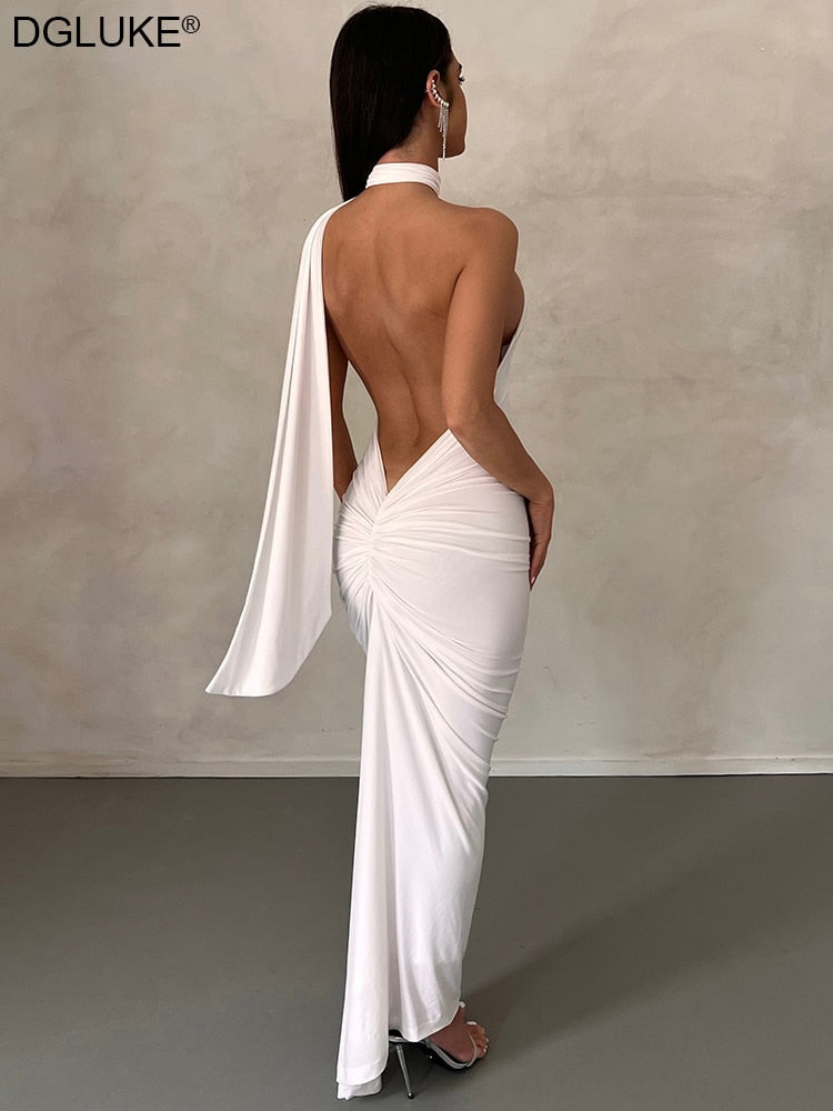 Halter Backless Maxi Dresses For Women Summer 2023 Elegant Mermaid Long Party Evening Dress Bandage Ruched Bodycon Dress White