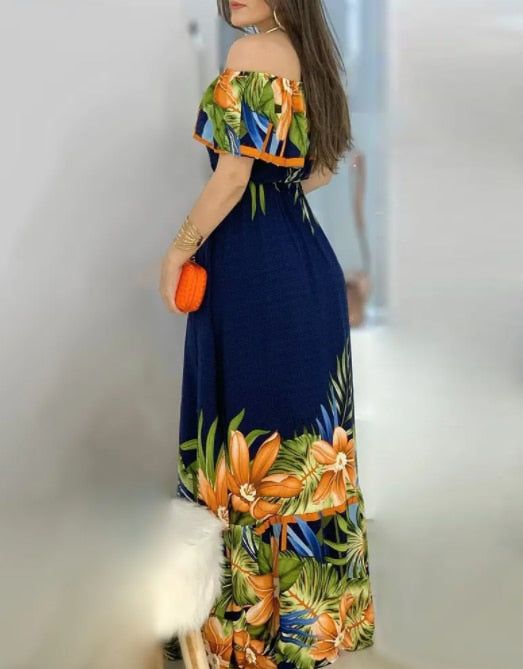 2022 New Summer Off Shoulder Tropical Print Dress