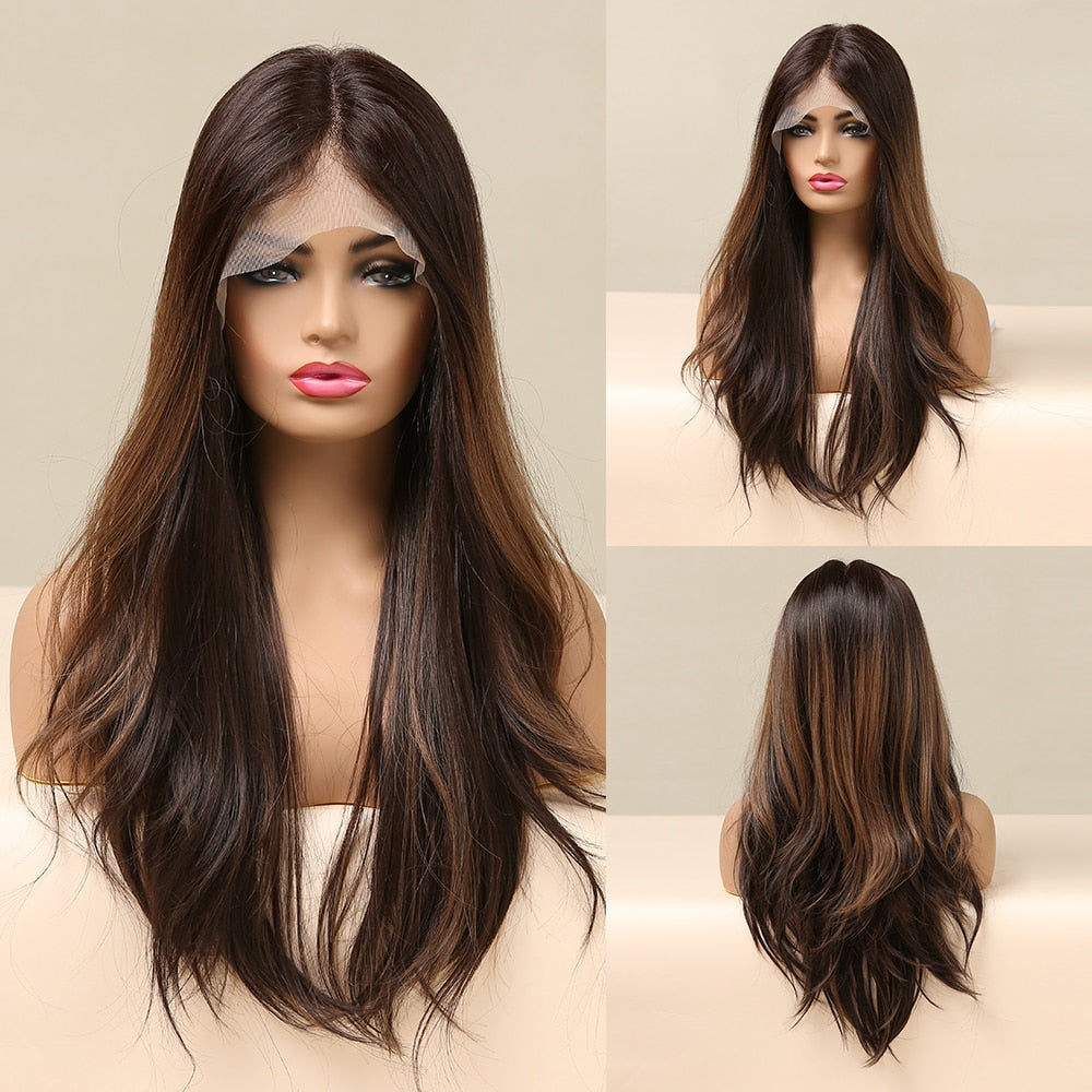 LOUIS FERRE Long Brown Lace Frontal Synthetic Wigs Dark Brown Body Wavy Highlight Wig Natural Hairline Daily Heat Resistant Hair