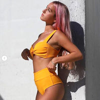 Sexy Ribbed High Waist Bikini 2022 Front Tie Push Up 2 Piece Swimsuit Summer Solid Red Bathing Suit Swimwear Beach Outfits