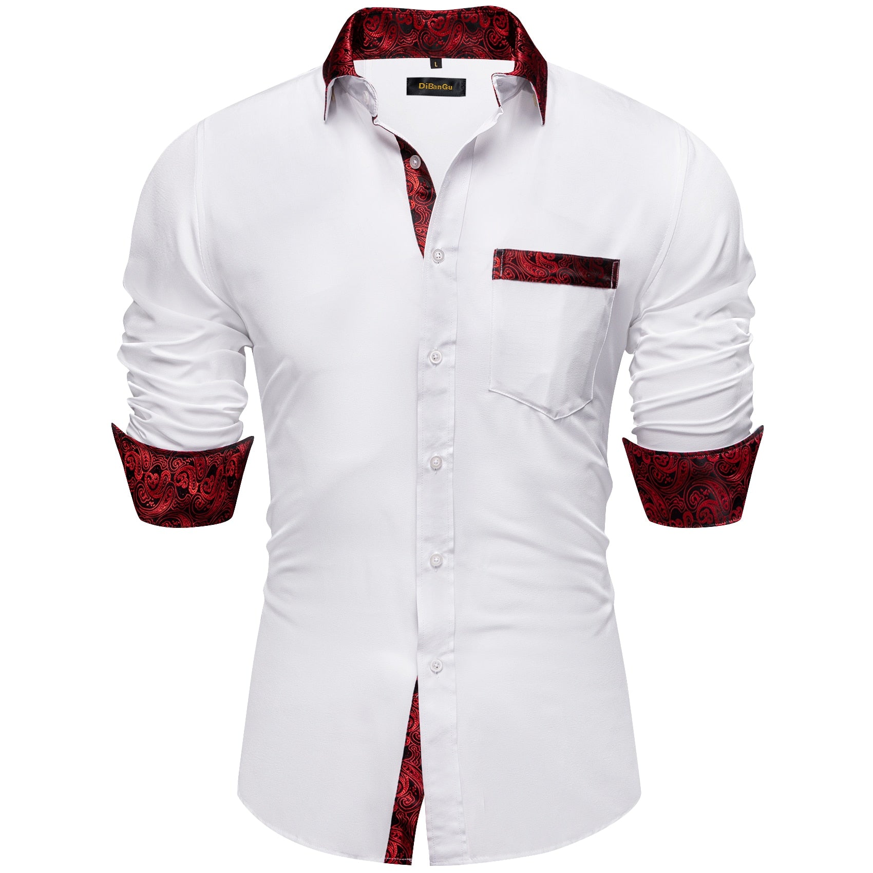 Luxury White Red Dress Shirts for Men Clothing Long Sleeve Tuxedo Social Casual Splicing Paisley Collar Cuff Mens Shirt