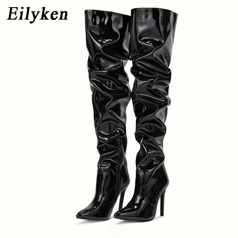 Eilyken Red Women Over The Knee Boots High Heels Patent Leather Solid Pointed Toe Stiletto Side Zipper Sapatos Femininos