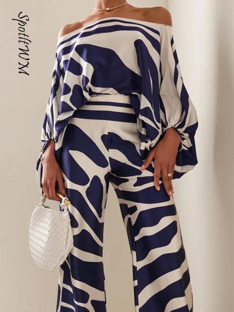 Chic Print Lantern Sleeve Satin Top Wide Leg Pant Suit Women Sexy Off Shoulder Long Sleeve 2 Piece Set Casual Office Lady Outfit