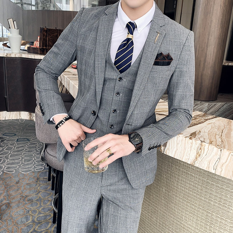 7XL Blazer Vest Pants High-end Brand Plaid Retro Business Suit Groom Wedding Party Slim Suit