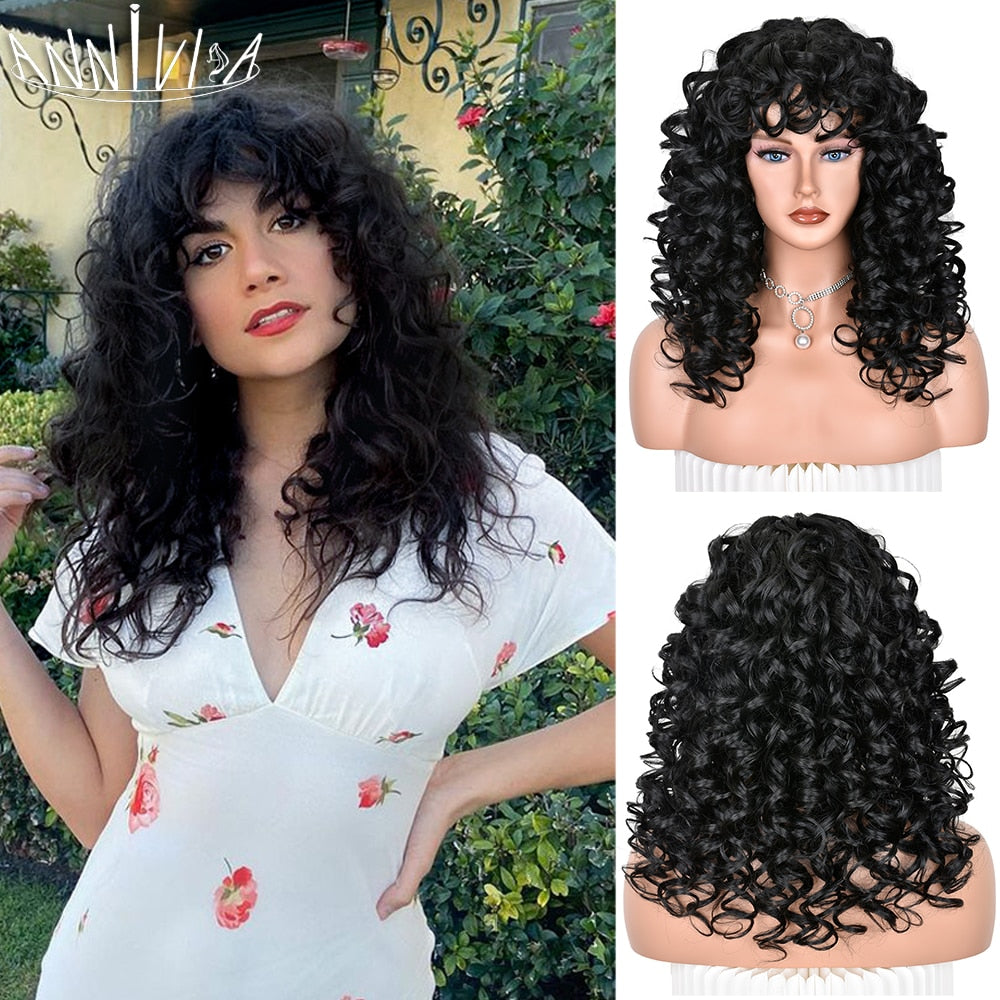 Black Curly Wig With Bangs Long Curly Afro Wigs for Women Synthetic Fiber Glueless Hair