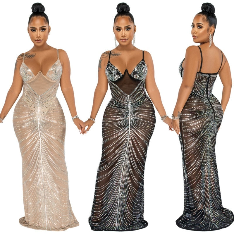 Sparkle Sheer Mesh Rhinestones Long Maxi Dress Gown Women Glam Spagetti Straps Crystal Sexy Evening Party Dress Outifts