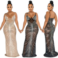 Sparkle Sheer Mesh Rhinestones Long Maxi Dress Gown Women Glam Spagetti Straps Crystal Sexy Evening Party Dress Outifts